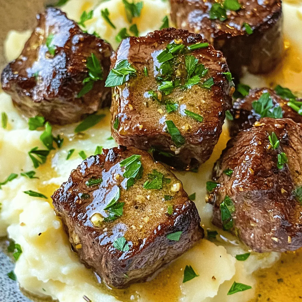 For the steak bites, we need a few key items. You will need: - 1 lb (450g) sirloin steak, cut into bite-sized pieces - 4 tablespoons unsalted butter, divided - 4 cloves garlic, minced - 1 teaspoon fresh rosemary, chopped - 1 teaspoon fresh thyme, chopped - Salt and black pepper to taste