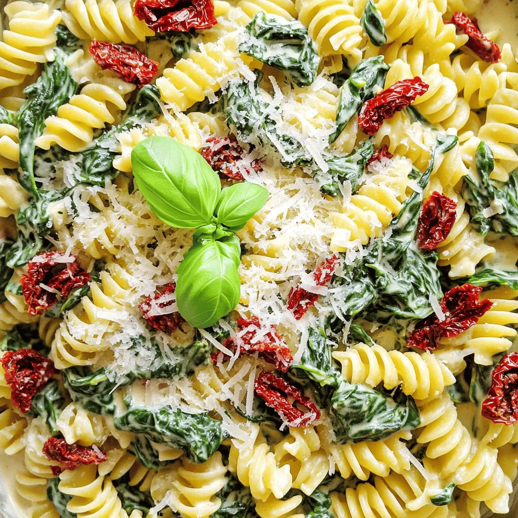 - Rotini pasta (12 oz) - Fresh spinach (1 cup, roughly chopped) - Sun-dried tomatoes in oil (1/2 cup, drained and sliced) - Heavy cream (1 cup) - Grated Parmesan cheese (1 cup) - Garlic (3 cloves, minced) - Olive oil (1 tablespoon) - Salt and pepper to taste - Fresh basil leaves (for garnish, optional)