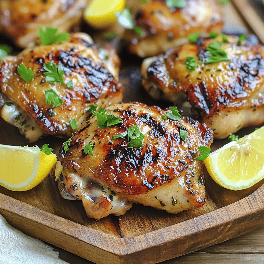 - 4 boneless, skinless chicken thighs - 1/4 cup olive oil - 3 cloves garlic, minced - 1/4 cup fresh parsley, chopped - 1 tablespoon fresh oregano, chopped (or 1 teaspoon dried) - 1 teaspoon red pepper flakes - Juice of 2 lemons - Salt and pepper to taste - Lemon wedges for serving