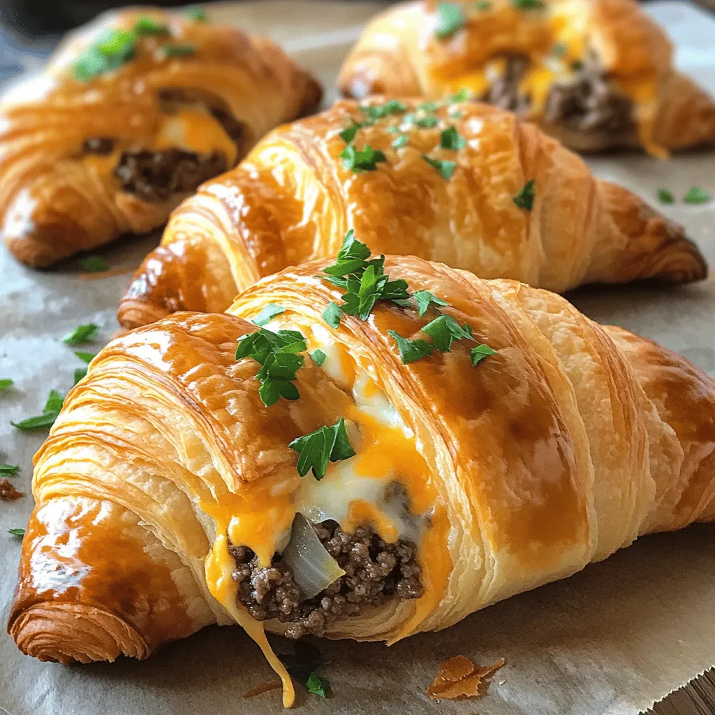 To make beef and cheese croissants, you need: - 1 pound ground beef - 1 small onion, finely chopped - 2 cloves garlic, minced - 1 teaspoon smoked paprika - 1 teaspoon dried oregano - Salt and pepper to taste - 1 cup shredded cheddar cheese - 1 cup shredded mozzarella cheese - 1 package (8 oz) refrigerated crescent roll dough - 1 egg, beaten (for egg wash) - Fresh parsley, chopped (for garnish)