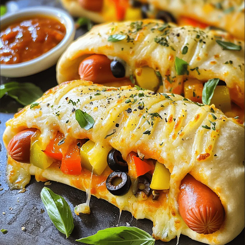 - 4 hot dog sausages - 1 large pizza dough (store-bought or homemade) - 1 cup shredded mozzarella cheese - 1/2 cup pizza sauce - 1/2 cup diced bell peppers (mixed colors) - 1/2 cup sliced black olives - 1 teaspoon dried oregano - 1 teaspoon garlic powder - 1 tablespoon olive oil - Salt and pepper to taste - Fresh basil leaves for garnish