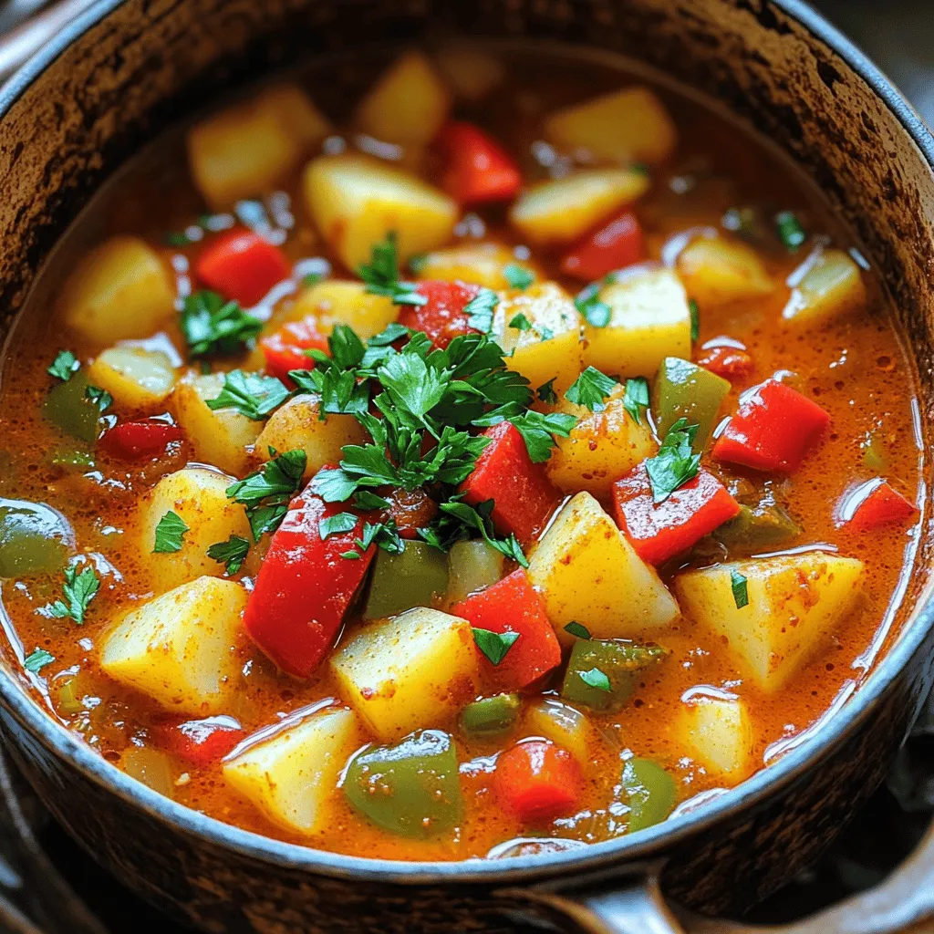 To make a great saucy Hungarian red potato goulash, you need simple, fresh ingredients. The key components include red potatoes, onion, garlic, and bell pepper. I like to use 1.5 pounds of red potatoes, which add a creamy texture. You will also need one medium onion, finely chopped, and three cloves of minced garlic. A diced bell pepper, either red or green, brings a nice crunch and sweetness.