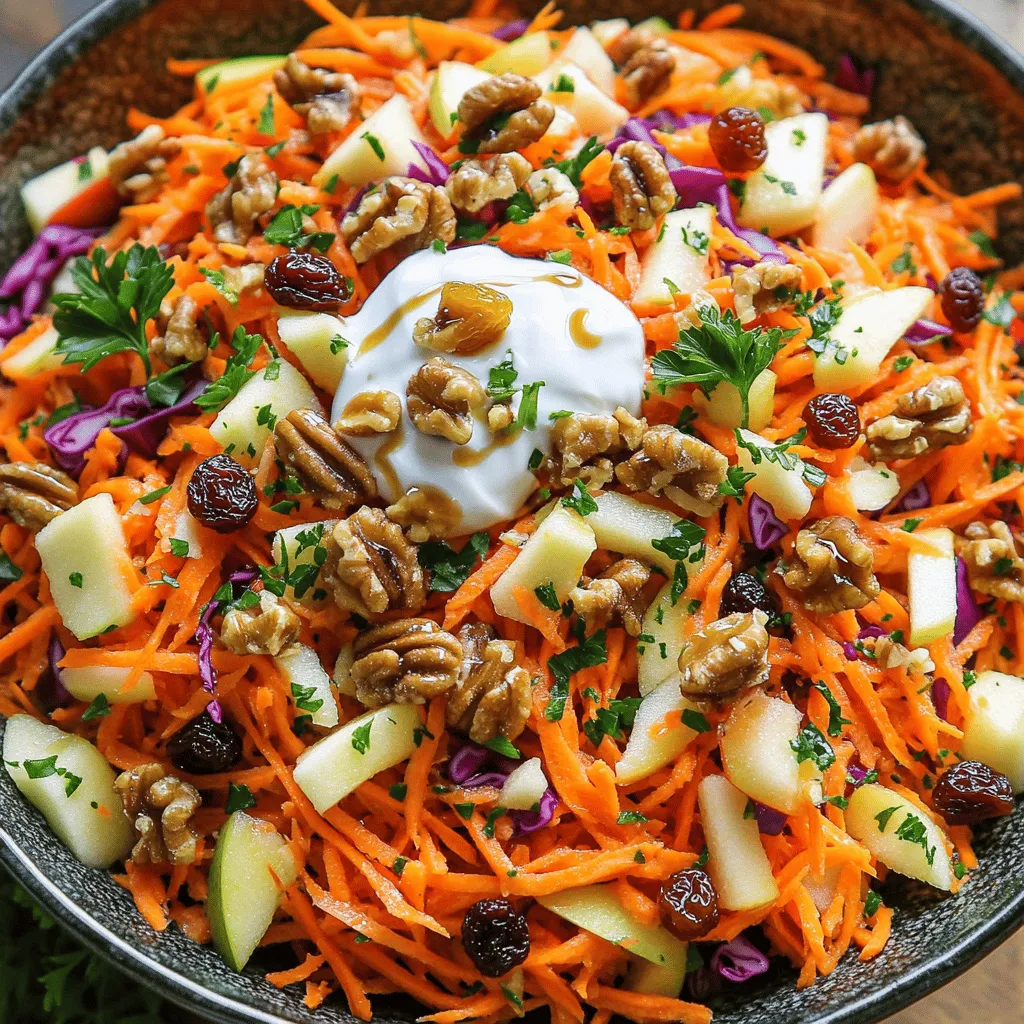 - 4 large carrots, grated - 1 cup red cabbage, finely shredded - 1/2 cup toasted walnuts, roughly chopped - 1/4 cup raisins - 1 small apple, julienned (preferably a tart variety like Granny Smith) - 2 tablespoons fresh parsley, chopped - 1/4 cup Greek yogurt - 2 tablespoons apple cider vinegar - 1 tablespoon honey - Salt and pepper to taste