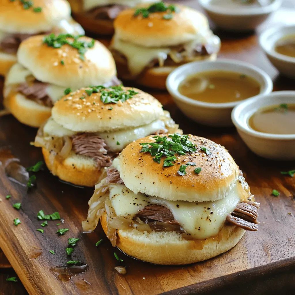 - 12 small slider buns - 1 lb roast beef, thinly sliced - 1 cup beef broth - 1/2 cup provolone cheese, shredded - 1 small onion, finely chopped - 2 cloves garlic, minced - 2 tablespoons Worcestershire sauce - 1 teaspoon dried thyme - 1 tablespoon olive oil - Salt and pepper to taste - Fresh parsley, chopped (for garnish, optional)