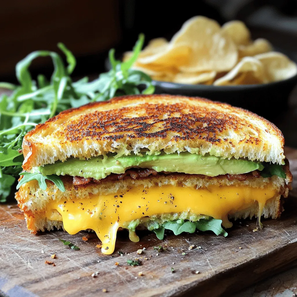 To make a tasty avocado bacon grilled cheese sandwich, gather these key ingredients: - 2 slices of sourdough bread - 1 ripe avocado, sliced - 4 slices of crispy cooked bacon - 2 slices of sharp cheddar cheese - 1 tablespoon butter, softened - 1 teaspoon garlic powder - Salt and pepper to taste