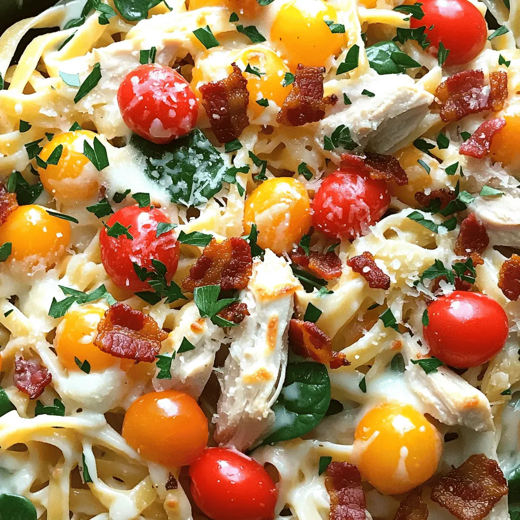 To make Chicken Bacon Ranch Pasta, gather these ingredients: - 8 oz fettuccine pasta - 2 cups cooked chicken, diced (rotisserie works great!) - 6 slices of bacon, chopped - 1 cup ranch dressing - 1 cup cherry tomatoes, halved - 1 cup fresh spinach, roughly chopped - 1 cup shredded mozzarella cheese - 1/2 cup grated Parmesan cheese - 2 tablespoons olive oil - Salt and pepper to taste - Fresh parsley for garnish (optional)