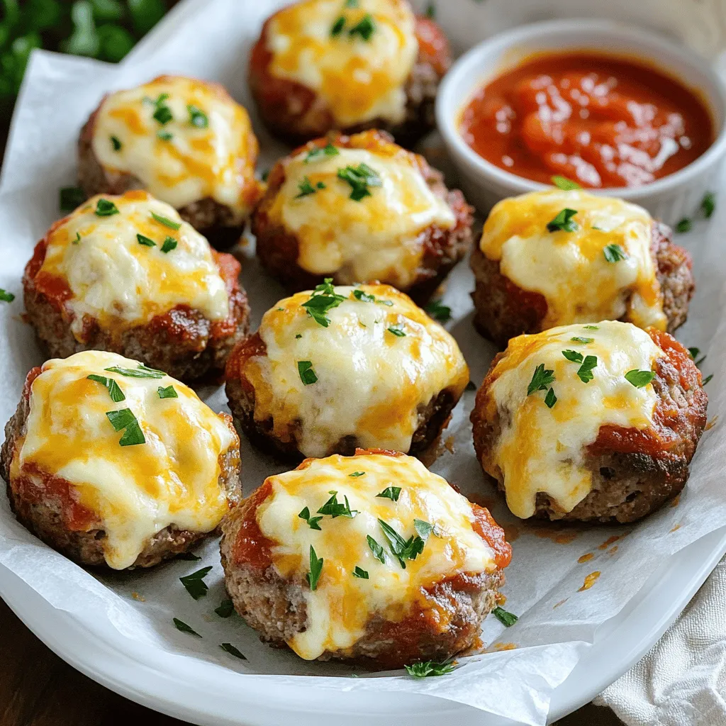 To make cheesy stuffed meatloaf bites, gather some simple ingredients. You need 1 pound of ground beef and 1 pound of ground pork. Then, add 1 cup of breadcrumbs and 1/2 cup of grated Parmesan cheese. You also need 1/2 cup of shredded mozzarella cheese, 1/4 cup of milk, and 1 large egg. For flavor, use 1 tablespoon of Worcestershire sauce, 1 teaspoon of garlic powder, 1 teaspoon of onion powder, and salt and pepper to taste. Don’t forget the marinara sauce for dipping and some chopped parsley for garnish.