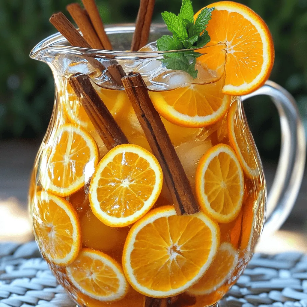To make Easy Orange Cinnamon Iced Tea, you need just a few simple items. First, gather 4 cups of water and 4 black tea bags. The tea forms the base of this drink. You will also need one large orange, sliced, and 2-3 cinnamon sticks for that warm spice flavor. For sweetness, use 1/4 cup of honey or agave syrup. Finally, have ice cubes ready for serving.