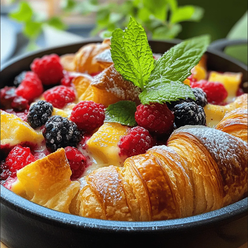 To make a tasty Berry Croissant Bake, you will need: - 4 large croissants, cut into chunks - 2 cups mixed berries (strawberries, blueberries, raspberries) - 4 large eggs - 2 cups whole milk - 1/2 cup granulated sugar - 1 teaspoon vanilla extract - 1 teaspoon almond extract (optional) - 1/2 teaspoon ground cinnamon - 1/4 teaspoon salt - Powdered sugar for dusting (optional) - Fresh mint leaves for garnish (optional)