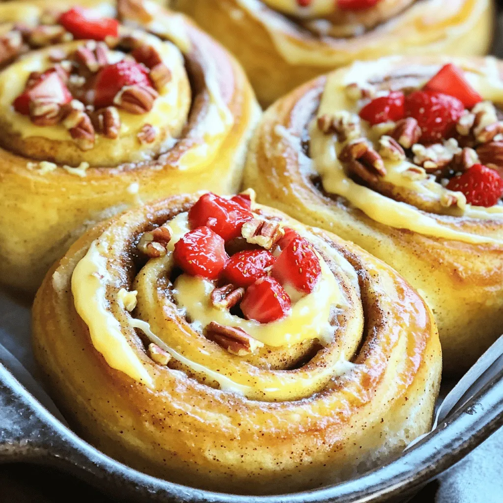Strawberry cheesecake cinnamon rolls with pecans are a sweet treat that combines flavors and textures. They start with soft, fluffy cinnamon rolls. Inside, you find a creamy strawberry cheesecake filling. The filling has fresh strawberries and crunchy pecans, giving each bite a delightful crunch.