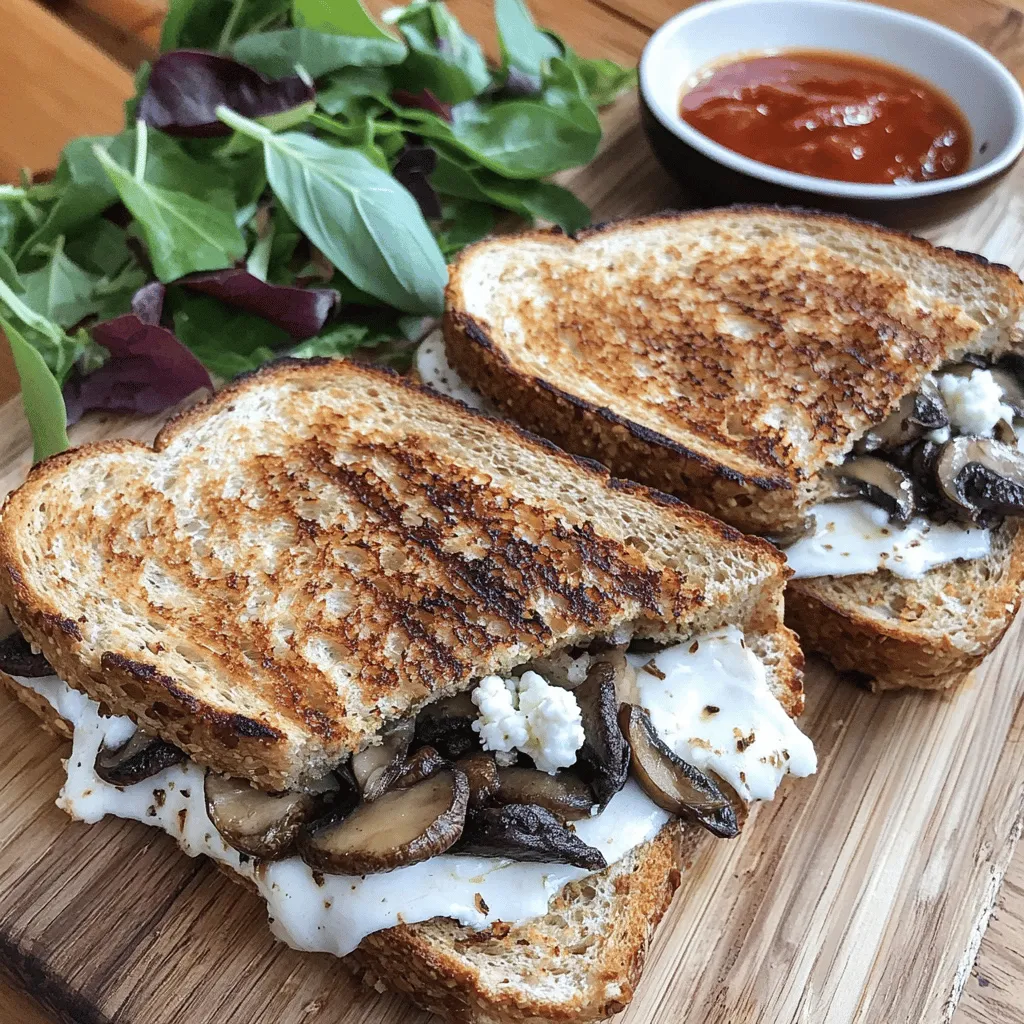 - 2 cups mixed mushrooms (cremini, shiitake, and button), sliced - 1 tablespoon olive oil - 1 teaspoon garlic powder - Salt and pepper to taste - 4 slices of whole-grain bread - 1 cup shredded mozzarella cheese - 1/2 cup crumbled goat cheese - 2 tablespoons fresh basil, chopped (or 1 teaspoon dried basil) - Butter for spreading