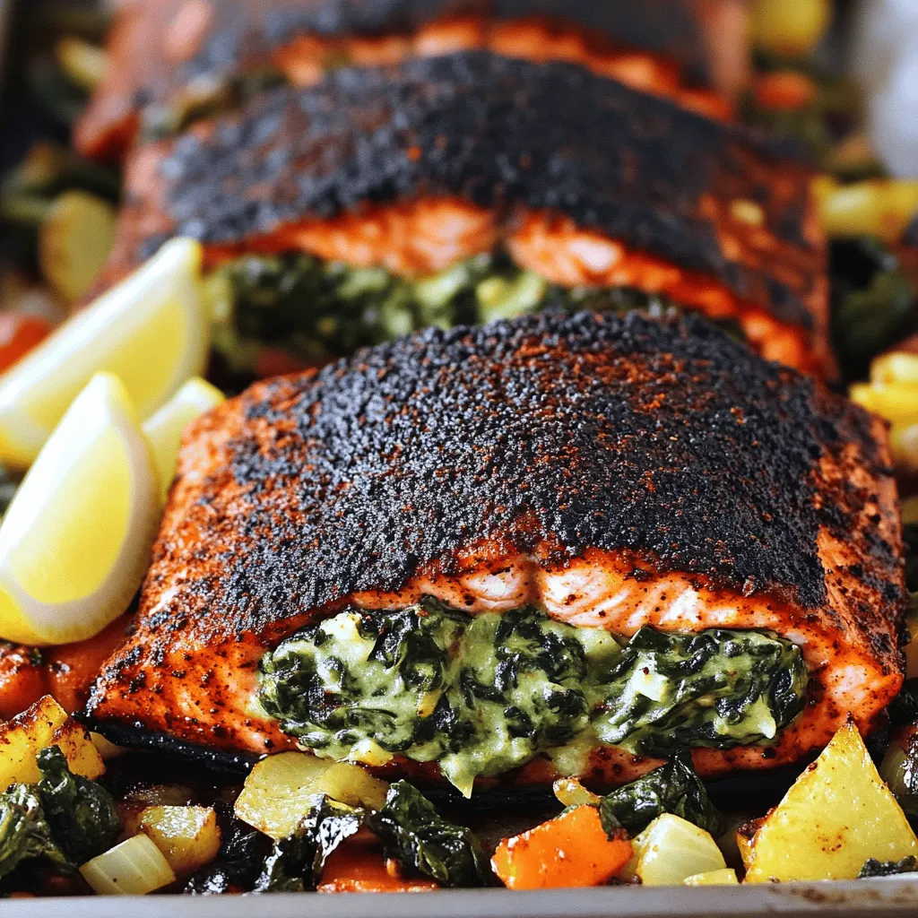 For this blackened salmon recipe, you will need four main ingredients. First, gather four salmon fillets, each about six ounces. Next, you will need two cups of fresh spinach, chopped finely. Cream cheese is the third ingredient, with one cup needed for a rich, creamy texture. Lastly, you will need half a cup of grated Parmesan cheese to add a savory flavor.