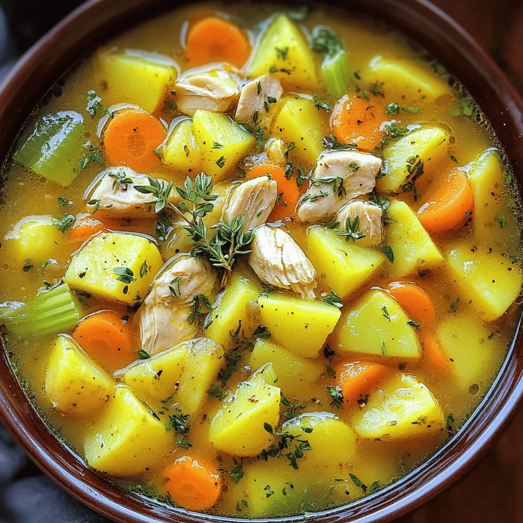 The main chicken soup ingredients are simple yet full of flavor. You need chicken, potatoes, and broth. I use two boneless, skinless chicken breasts. Dice them into small pieces. The potatoes are key; I use four medium potatoes, peeled and cubed. The potatoes add heartiness to the soup.