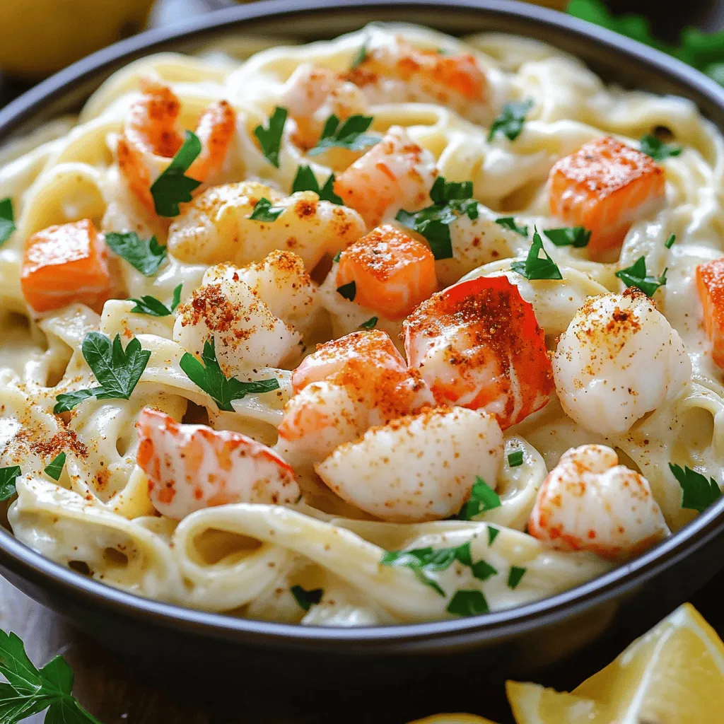 Cajun Lobster, Crab, and Salmon Alfredo Dish Delight