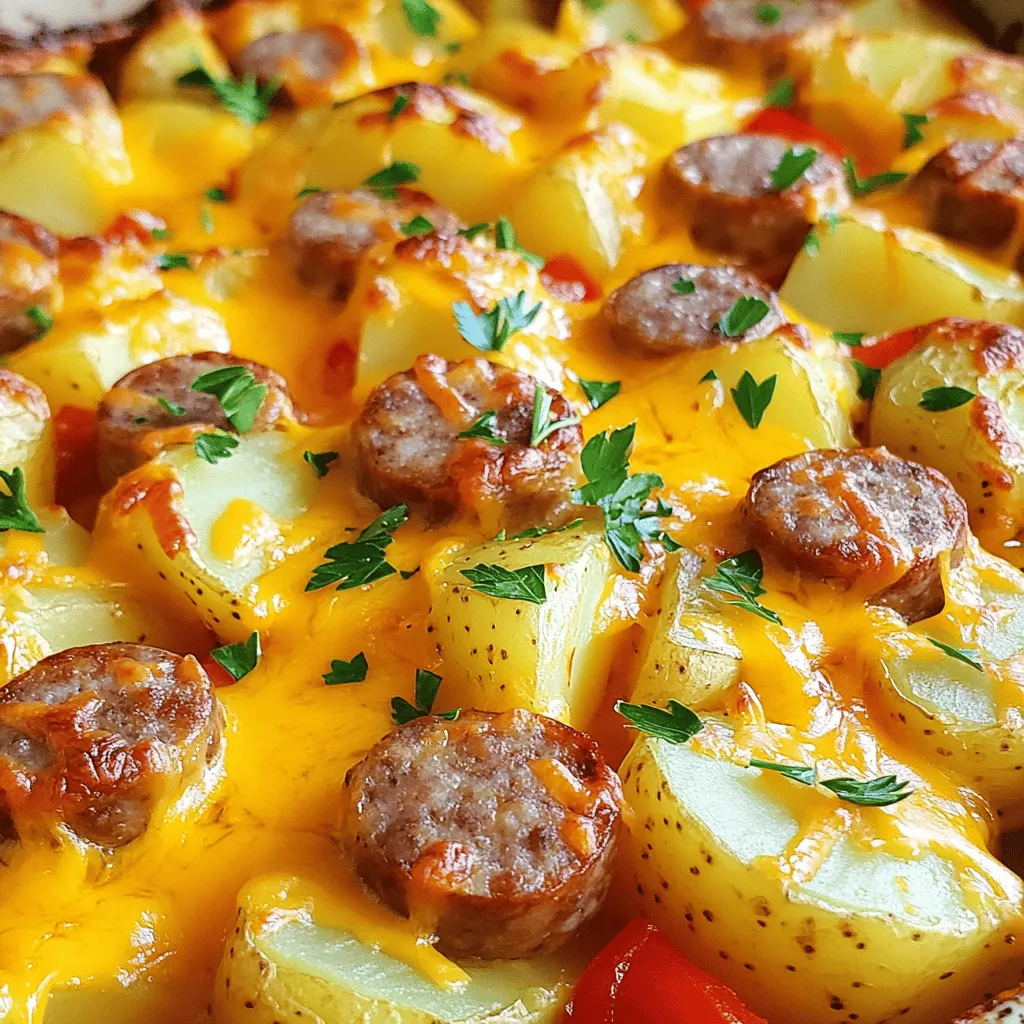 To make this easy dish, you will need: - 1 pound smoked sausage, sliced - 4 medium-sized russet potatoes, cubed - 1 red bell pepper, diced - 1 large onion, chopped - 3 cloves garlic, minced - 2 tablespoons olive oil - 1 teaspoon smoked paprika - 1 teaspoon dried thyme - Salt and pepper to taste - 1 cup shredded cheddar cheese - Chopped fresh parsley for garnish