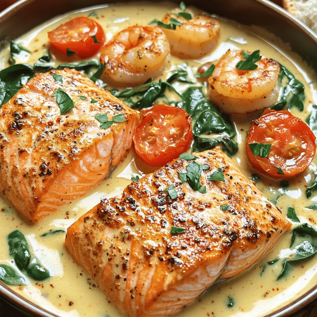 To make the Cajun creamy salmon recipe, you need specific ingredients. First, grab two salmon fillets, around six ounces each. Next, get eight ounces of large shrimp, peeled and deveined. You will also need two tablespoons of Cajun seasoning to add that spicy kick. Olive oil is important too; use two tablespoons. Garlic adds a nice aroma, so have three cloves, minced. For the creamy sauce, one cup of heavy cream and half a cup of chicken broth works best. Cherry tomatoes and fresh spinach add color and nutrition; use one cup of each. Finally, include half a cup of grated Parmesan cheese for richness. Don’t forget salt, pepper, and fresh parsley for garnish.