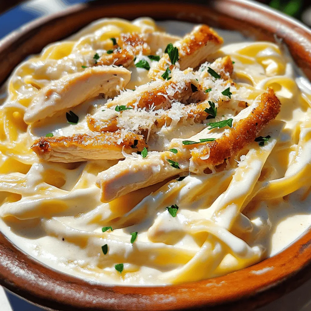 To make creamy chicken fettuccine Alfredo, you will need: - 12 oz fettuccine pasta - 2 chicken breast fillets, sliced into strips - 2 tablespoons olive oil - 1 cup heavy cream - 1 cup freshly grated Parmesan cheese