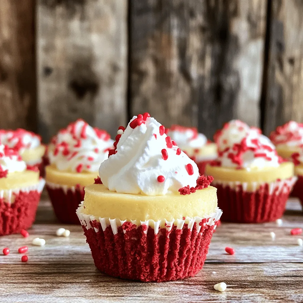 To make mini red velvet cheesecakes, you need some key ingredients. The first is red velvet cake crumbs. You can use store-bought or make your own. Next, you need cream cheese, sugar, sour cream, vanilla extract, an egg, flour, cocoa powder, and heavy cream. Don