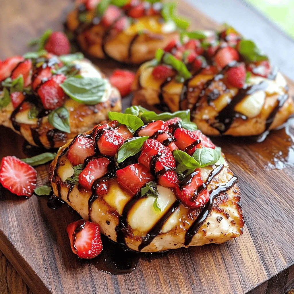 - 4 boneless, skinless chicken breasts - 1 cup fresh strawberries, hulled and diced - 1/4 cup fresh basil, finely chopped - 1 cup mozzarella cheese, shredded