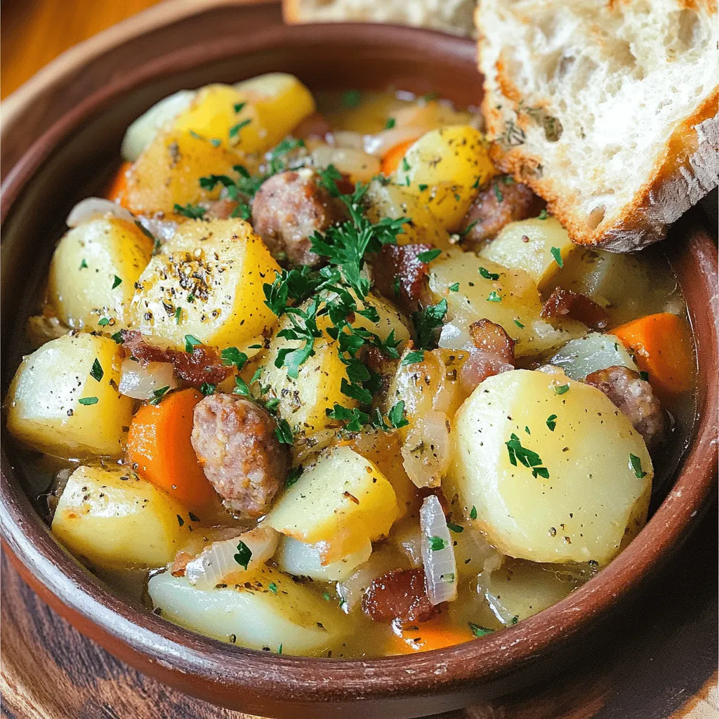 - 6 oz (170g) pork sausages - 6 oz (170g) bacon - 1 large onion - 4 medium potatoes - 2 carrots - 3 cups chicken broth