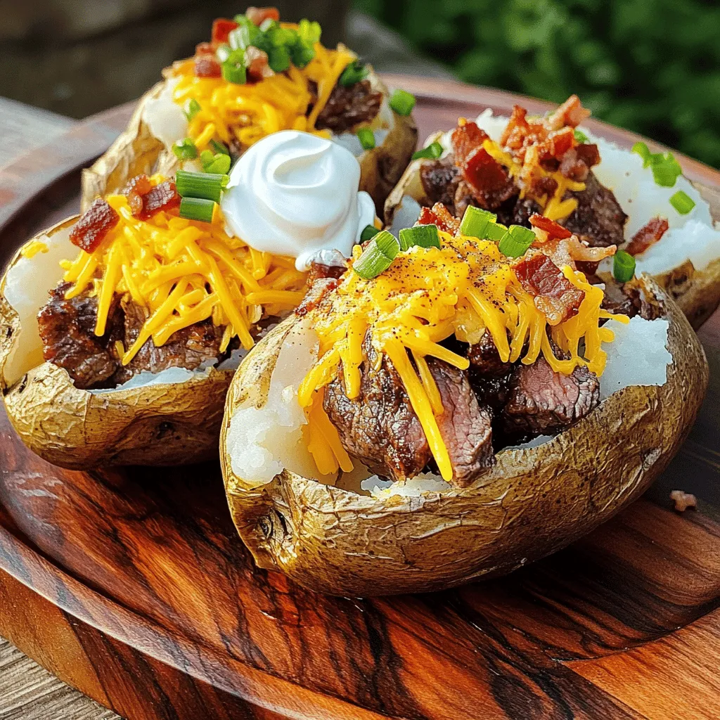 To make a loaded baked potato with juicy steak bites, you need fresh, simple ingredients. First, choose four large russet potatoes. They have thick skin and fluffy insides. This makes them perfect for baking.