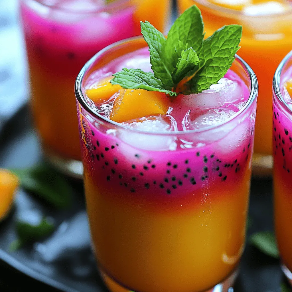 The Mango Dragonfruit Refresher shines with a few key ingredients. The main fruits are ripe mango and dragonfruit. Both fruits offer a sweet taste and bright color. You need one ripe mango, peeled and diced. For dragonfruit, use one cup of diced pink or white pitaya.