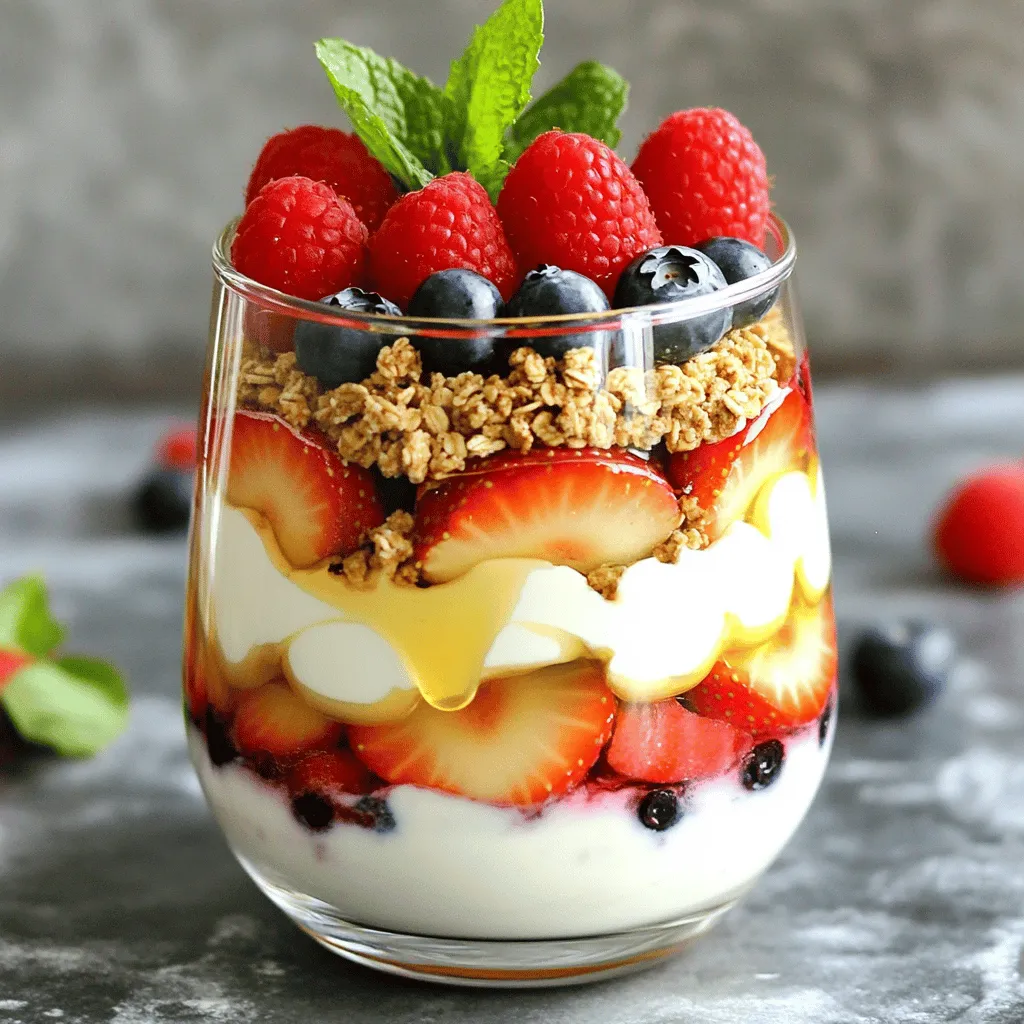 - 2 cups Greek yogurt (plain or vanilla) - 1 cup granola (your choice) - 1 cup strawberries, hulled and sliced