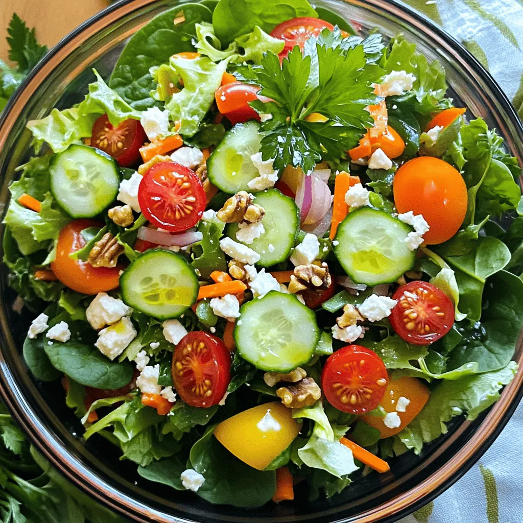 For a great garden salad, you need fresh and simple ingredients. Here’s what you will use: - 4 cups mixed greens (spinach, arugula, and lettuce) - 1 cup cherry tomatoes, halved - 1 cucumber, sliced - 1 bell pepper (any color), diced - 1 small red onion, thinly sliced - 1 carrot, shredded - 1/4 cup feta cheese, crumbled