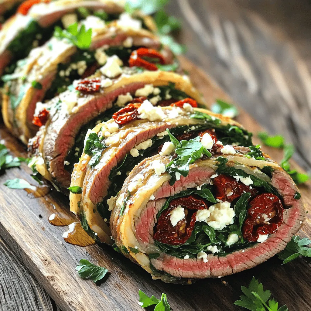 To make a tasty flank steak roulade, you need a few key ingredients. The main star is 1.5 pounds of flank steak. You also need salt and pepper to season it. For the filling, gather fresh spinach leaves, roasted red peppers, feta cheese, and sun-dried tomatoes. You will add garlic, olive oil, and dried oregano for extra flavor. These ingredients come together to create a delicious meal.