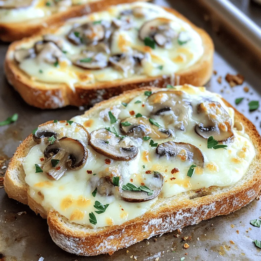 - 8 ounces mixed mushrooms (cremini, shiitake, and portobello), sliced - 4 cloves garlic, minced - 1 cup shredded mozzarella cheese - 1/2 cup grated Parmesan cheese - 4 crusty slices of sourdough bread