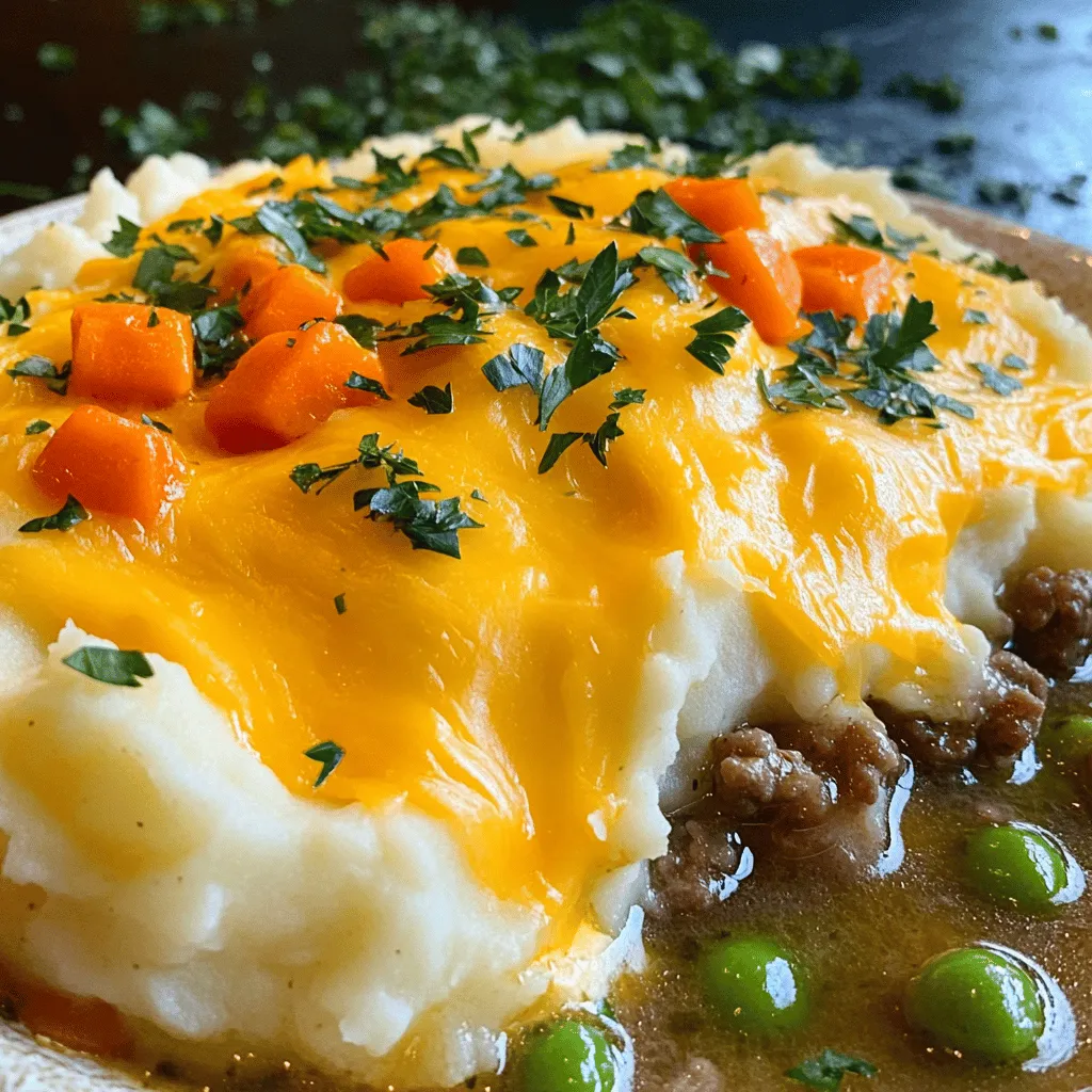 - 1 lb ground lamb (or beef) - 1 medium onion, finely chopped - 2 carrots, diced - 1 cup peas (fresh or frozen) - 2 cloves garlic, minced - 2 tablespoons tomato paste - 1 cup vegetable broth - 1 tablespoon Worcestershire sauce (or soy sauce for a twist) - 1 teaspoon dried thyme - Salt and pepper to taste - 4 cups mashed potatoes (prepared with butter and cream for extra fluffiness) - 1 cup shredded cheddar cheese (optional, for a cheesy topping)