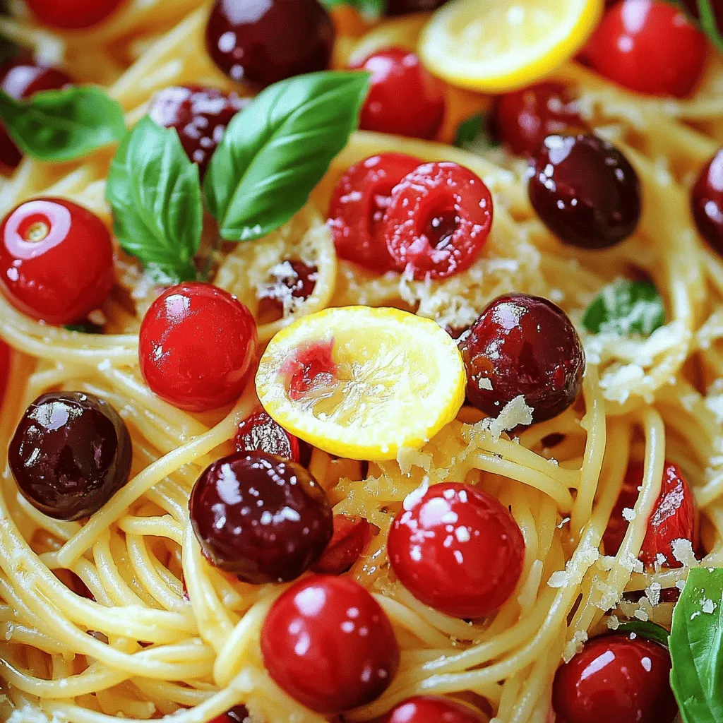 Summer Cherry Spaghetti shines with fresh and simple ingredients. The star of the dish is, of course, the cherries. You want to use sweet, ripe cherries for the best taste. I prefer Bing or Rainier cherries. They are juicy and not too tart.