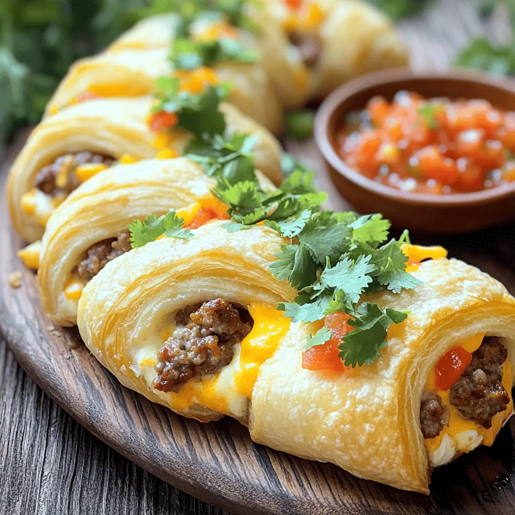 To make Savory Rotel Sausage Cream Cheese Crescents, gather these items: - 1 (8 oz) tube crescent roll dough - 1/2 pound breakfast sausage, cooked and crumbled - 1 (8 oz) package cream cheese, softened - 1 can (10 oz) Rotel diced tomatoes with green chilies, drained - 1 cup shredded cheddar cheese - 1 teaspoon garlic powder - 1/2 teaspoon onion powder - Salt and pepper to taste - Fresh cilantro, for garnish
