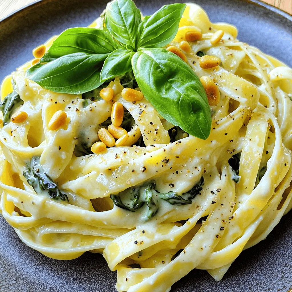 - 8 oz fettuccine pasta - 2 tablespoons olive oil - 3 cloves garlic, minced - 1 small onion, chopped - 10 oz fresh spinach, chopped - 1 cup heavy cream - 1/2 cup grated Parmesan cheese - 1/2 teaspoon nutmeg - Salt and pepper to taste - 1/4 cup pine nuts, toasted - Fresh basil leaves for garnish