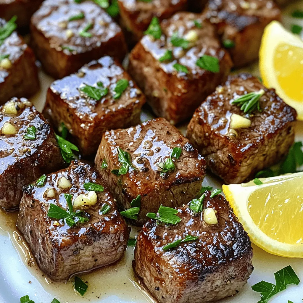 To make garlic butter steak bites, you need a few key ingredients. First, choose 1 pound of sirloin steak. Sirloin gives you tender steak bites with great flavor. Cut the steak into bite-sized cubes for easy cooking.