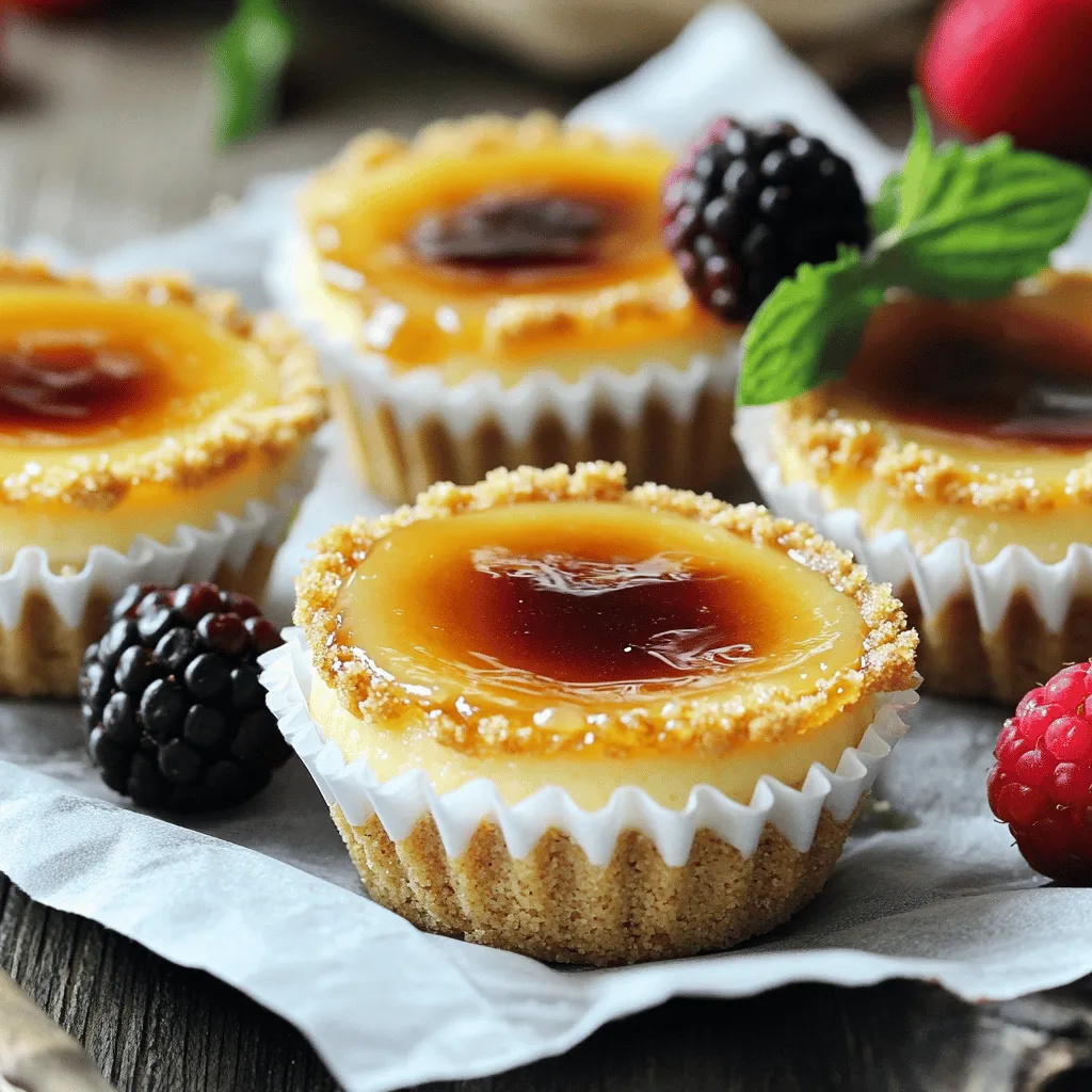 To make these delightful mini desserts, gather the following ingredients: - 1 cup graham cracker crumbs - 4 tablespoons unsalted butter, melted - 2 cups cream cheese, softened - 1 cup granulated sugar, divided - 1 teaspoon vanilla extract - 1 teaspoon almond extract - 3 large eggs - 1 cup heavy cream - Pinch of salt - Extra sugar for caramelizing