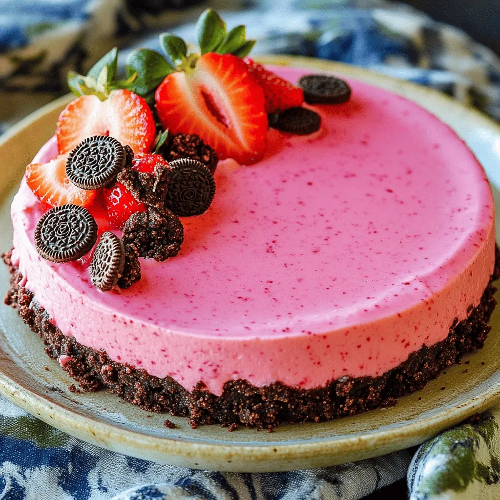 - 20 pink Oreo cookies, crushed (plus extra for garnish) - 4 tablespoons unsalted butter, melted - 1 cup cream cheese, softened - 1 cup powdered sugar - 1 teaspoon vanilla extract - 1 cup heavy whipping cream - 1/2 cup pink food coloring (adjust to desired shade) - 1/4 cup fresh strawberries, pureed (optional, for a fruity flavor)