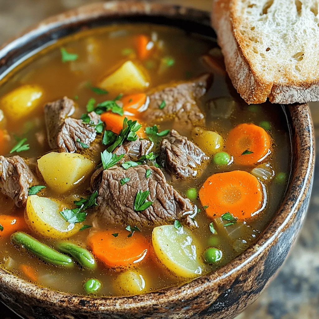 To make a great vegetable beef soup recipe, you need some key ingredients. First, choose good beef. I recommend using beef stew meat. It is tender and flavorful. You want the meat to be in bite-sized pieces. This helps it cook evenly and blend with the soup.