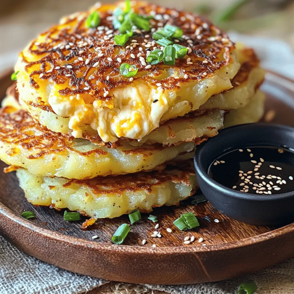 Korean cheesy potato pancakes are a tasty treat. They blend crispy potatoes and melted cheese. This dish is known as