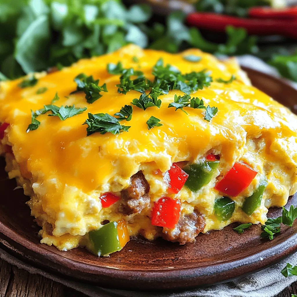 To make the Cheesy Sausage and Egg Casserole, gather these items: - 1 pound breakfast sausage - 8 large eggs - 2 cups milk - 1 cup shredded cheddar cheese - 1 cup diced bell peppers (mix of red and green for color) - 1 cup diced onions - 2 cups cubed bread (preferably sourdough or French) - 1 teaspoon garlic powder - 1 teaspoon onion powder - Salt and pepper to taste - Fresh parsley for garnish