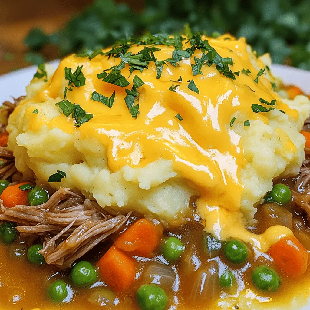To make a great Pulled Pork Shepherd’s Pie, you need key ingredients. First, use 2 cups of pulled pork. This adds rich flavor and texture. Next, chop 1 large onion and mince 2 cloves of garlic. These build a strong base for your dish.