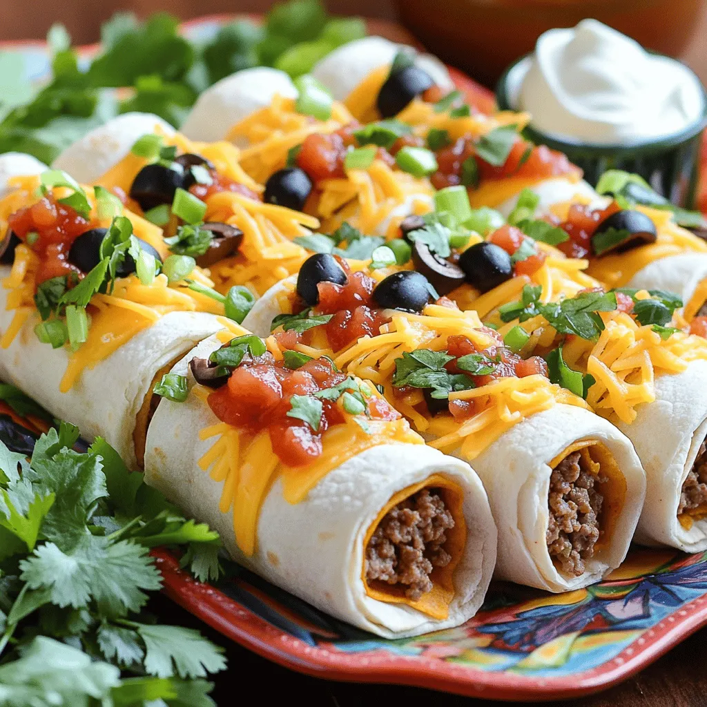 Taco tortilla roll ups are fun and tasty. You need simple ingredients to make them. The main items are large flour tortillas, seasoned ground beef, and shredded cheddar cheese. You’ll also need sour cream, salsa, black olives, green onions, and taco seasoning.